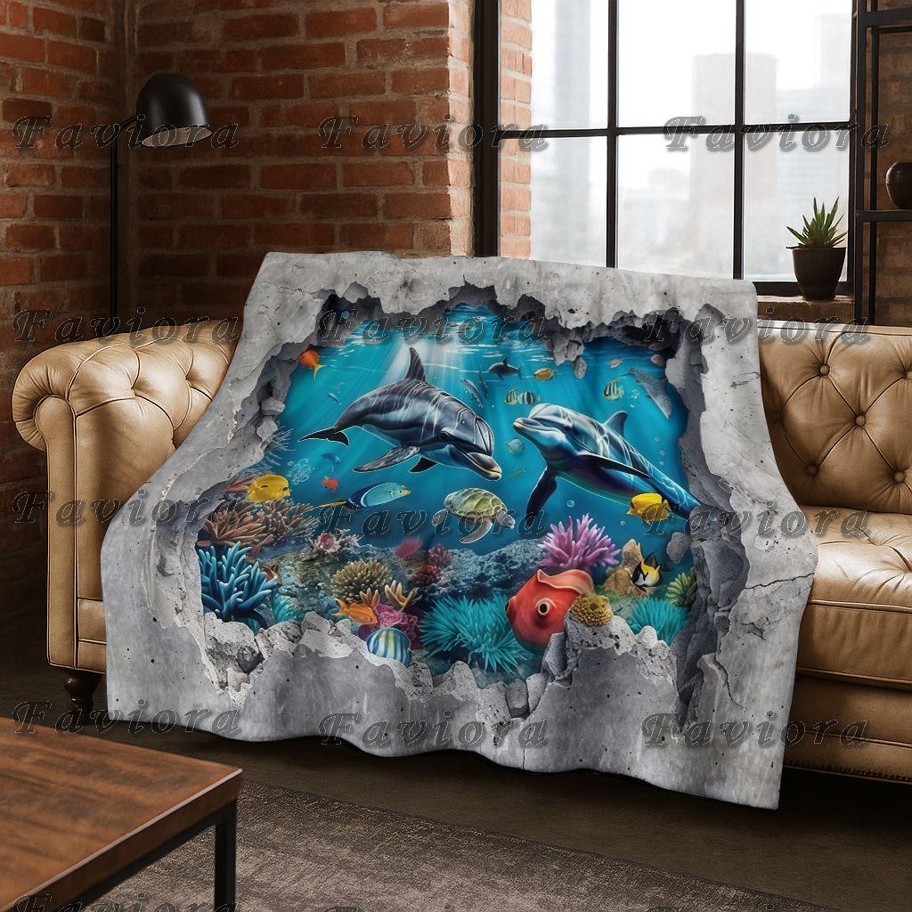 26 Style 3D Illusion Sea Underwater World Dolphin Flannel Blanket,Cozy Soft Throw Blanket for Home Bedroom Bed Sofa Cover Gift