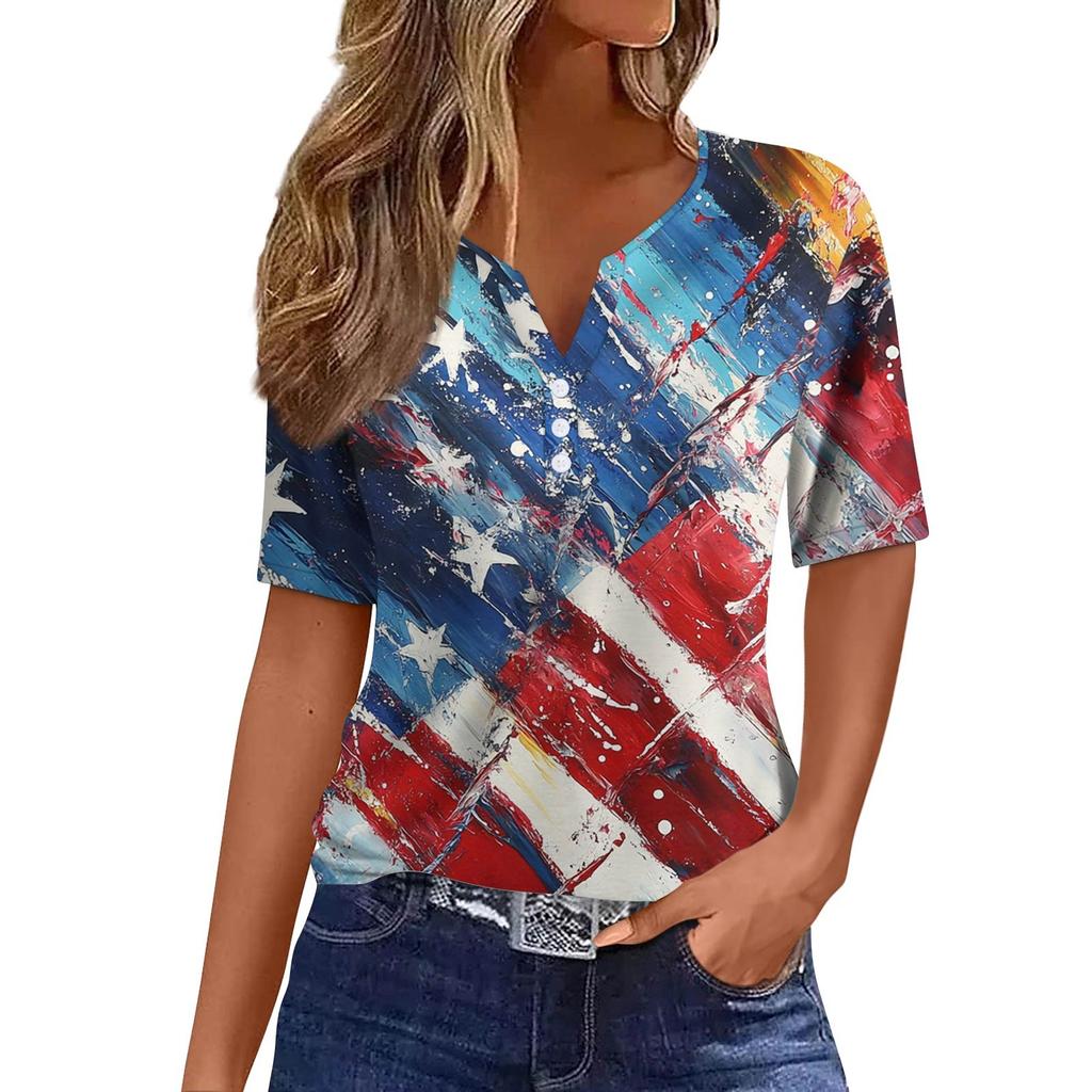 Women's Fashion Casual Independence Day Printed V-Neck Short Sleeve Button Top