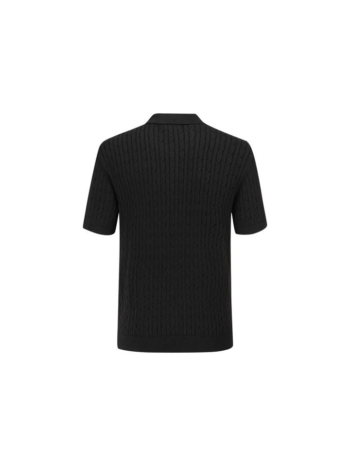 ZIOZIA Men'S) Garment-Washed Cotton Cable Short Sleeve Polo Shirt_Black