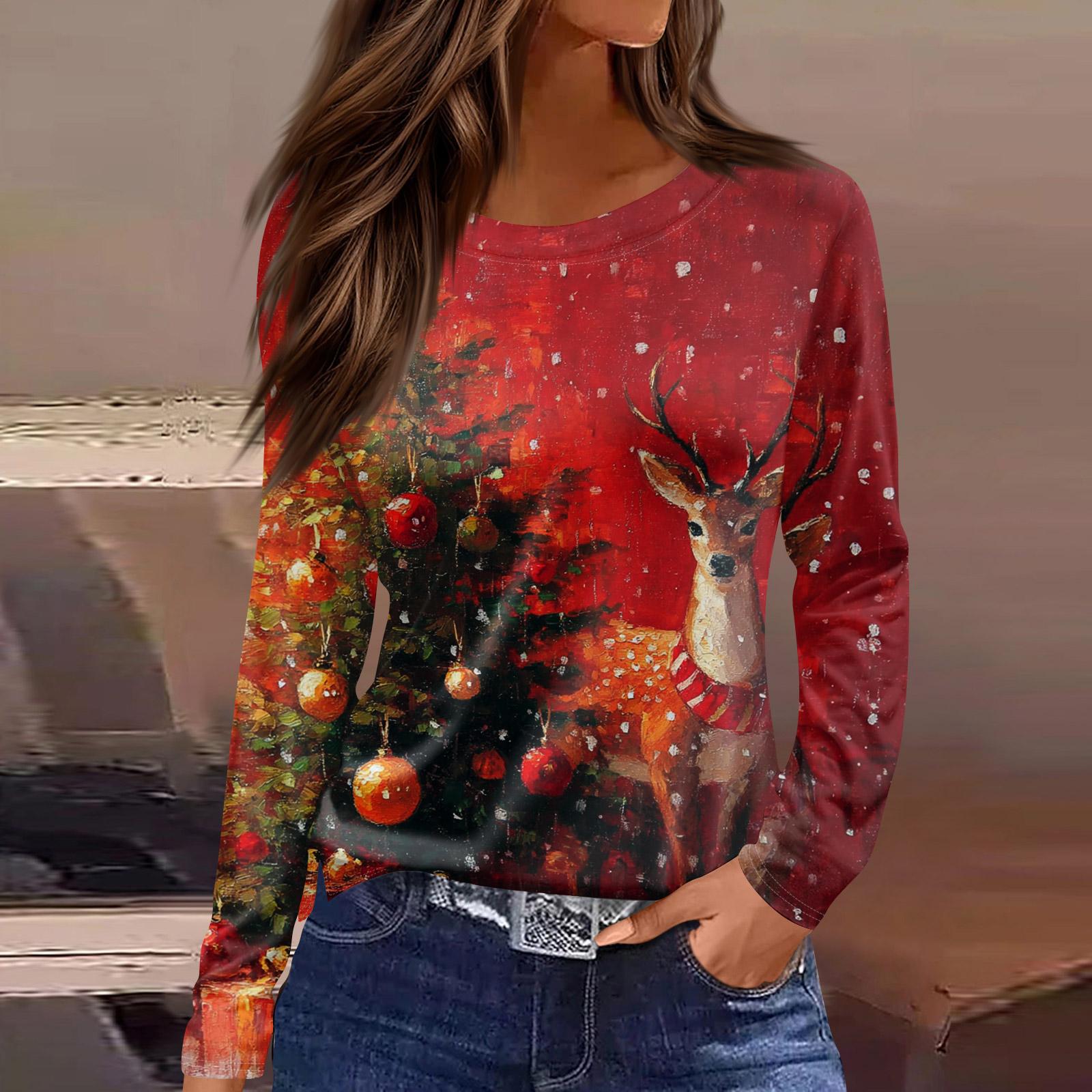 

Women s Fashion Casual Slit Hem Round Neck Long Sleeve Loose Printed T-Shirt Ladies Top M