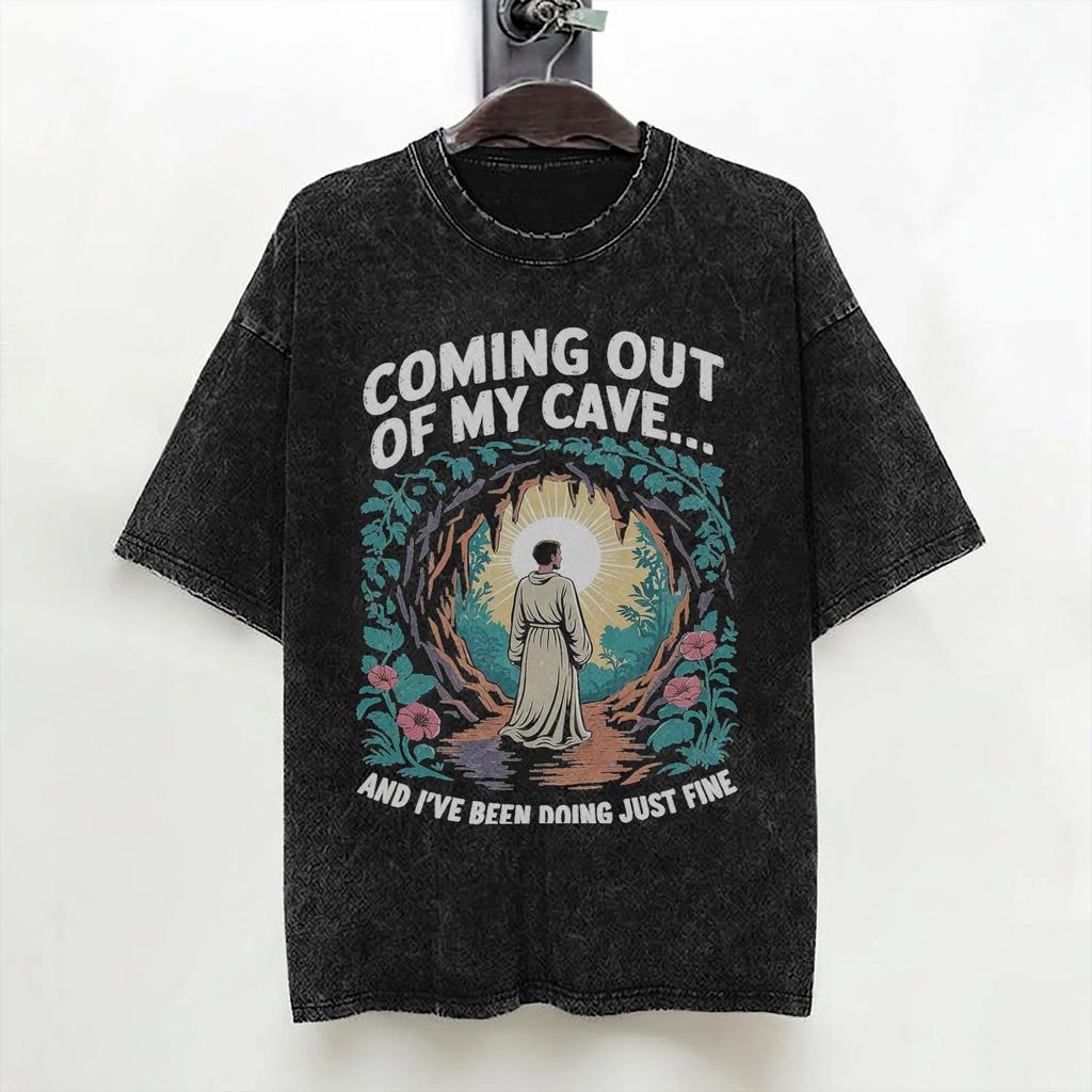 Jesus Coming Out Of My Cave Washed T Shirt Streetwear Hip Hop Casual Tshirt Tee Shirt Men Women 100 Cotton Oversize Summer