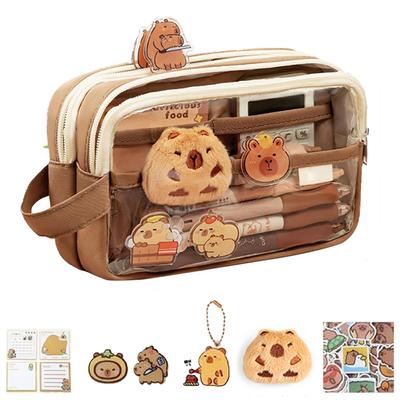 Průhledné pouzdro na tužku 5vrstvé pouzdro na tužku Velkokapacitní panenka Kapybara Sada broží s nálepkou Capybara