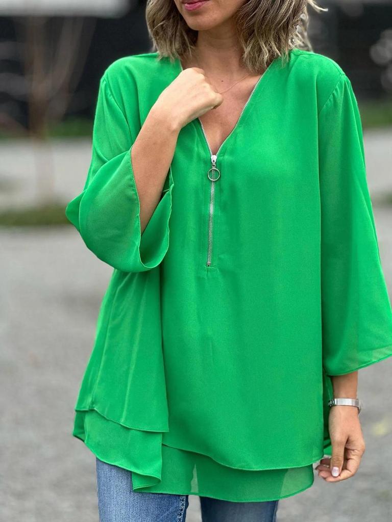 2024 V-Neck Three-Quarter Sleeve Chiffon Top with Metal Zipper – Casual and Loose Fit for Europe & America