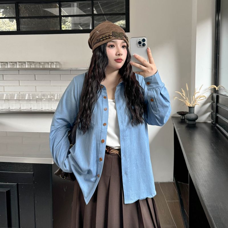 

Plus size women clothing [Minimalist Old Money Style Shirts] Early Autumn Temperament 100.00kg Slimming Loose Long sleeve Denim Shirt