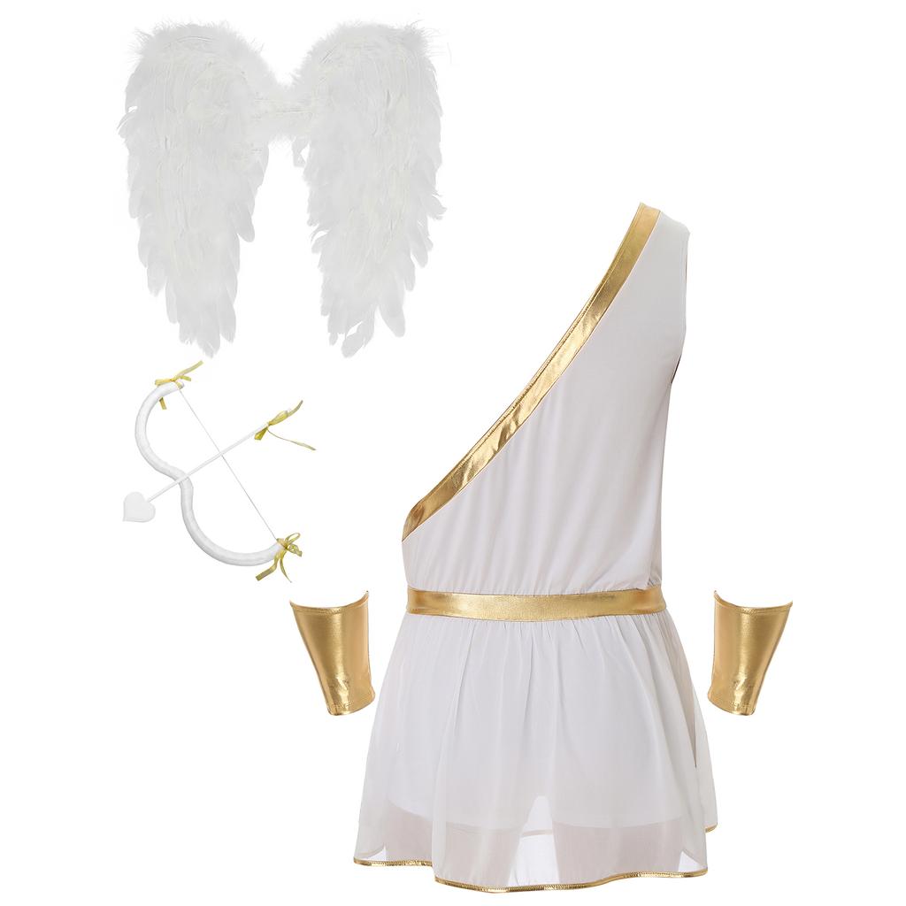 Mens Valentine Cupid Cosplay Costume Heart Shaped One Shoulder Romper Bodysuit Detachable Cuffs Feather Wings Set