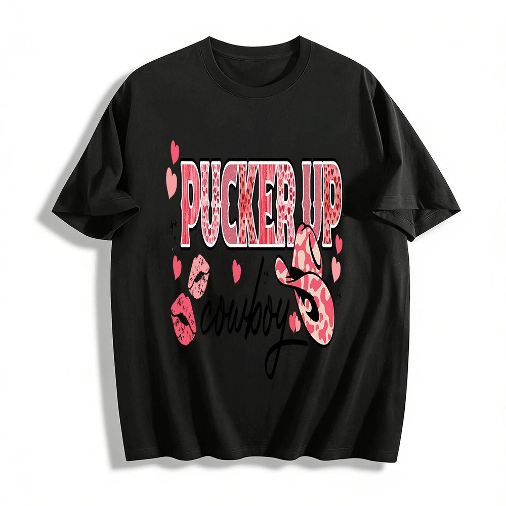 Valentine s Day Pucker Up Cowboy Heart Print Casual Top Pure cotton T-shirt XXS