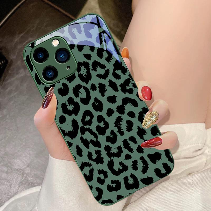Green Tempered Glass Phone Case For IPhone 15 Pro 14 13 12 Mini 11 XS Max XR 7 8 Plu SE 2020 2022 Black Leopard Print Blue