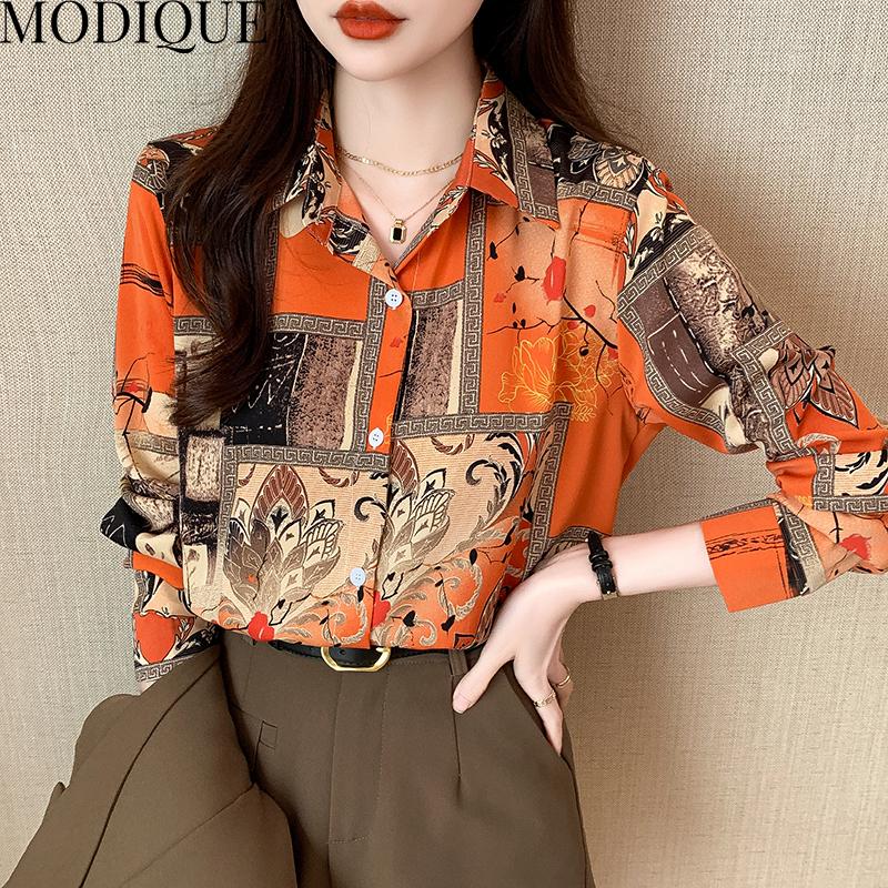 MODIQUE Jaro Léto Nadměrné velikosti Dámské Volné Elegantní Bavlněné Hedvábné Květinový Vzor Halenky Košile Dámská Móda Oversized Výstřih do V Dlouhý Rukáv Kabáty