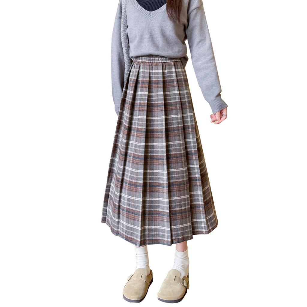 Women's High-Waist A-Line Woolen Plaid Skirt - Mid-Length, Pleated, Slimming, Elastic Waist