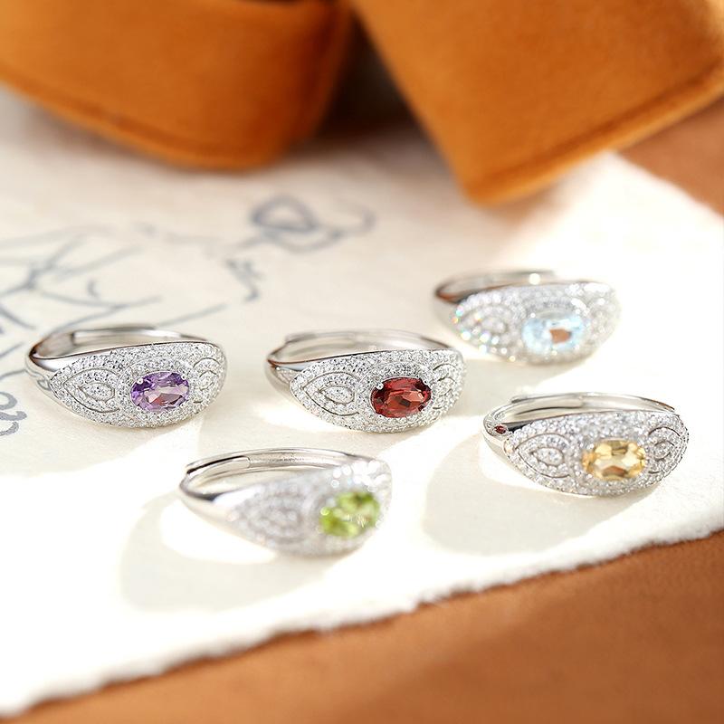 Natural Crystal Stone Jewelry S925 Sterling Silver Ring Women's Niche High-end Daily Gift Birthday Gift
