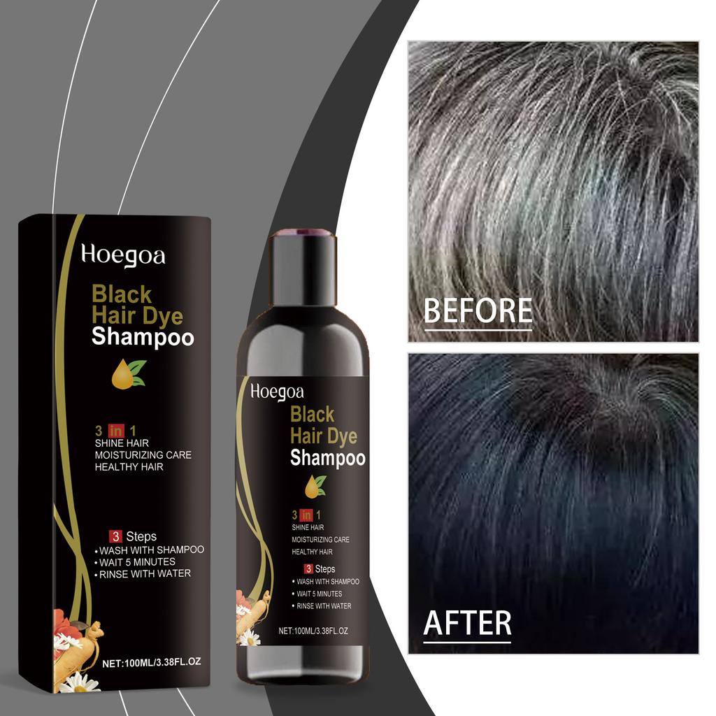 Hoegoa 100ml 3 in 1 Kräuter-Schwarzfärbe-Shampoo Sofortige Farbe Grau zu Naturschwarz Polygonum Multiflorum Haarfarben-Shampoo