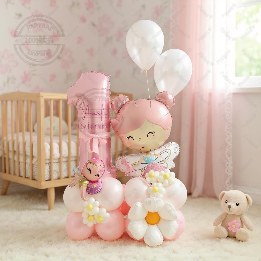40pcs Cartoon Flower Fairy 32Inch Pink Aluminum Model Digital Balloon Column Birthday Party Decoration Wedding Supplies