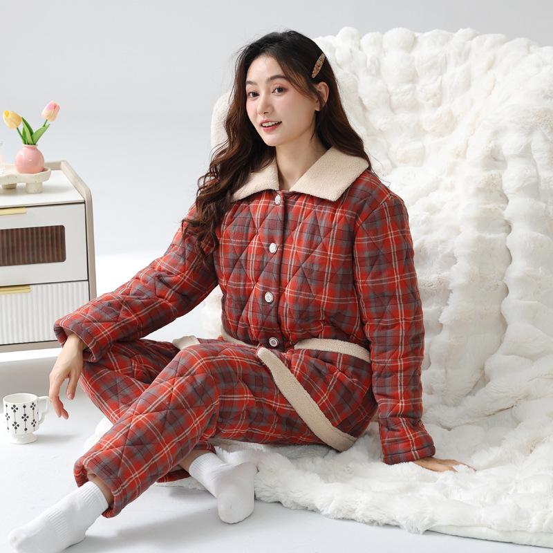 Pajamas Women'S Winter Three-Layer Thickened Fleece Woven Cotton Padded Coral Fleece Autumn And Winter Loungewear