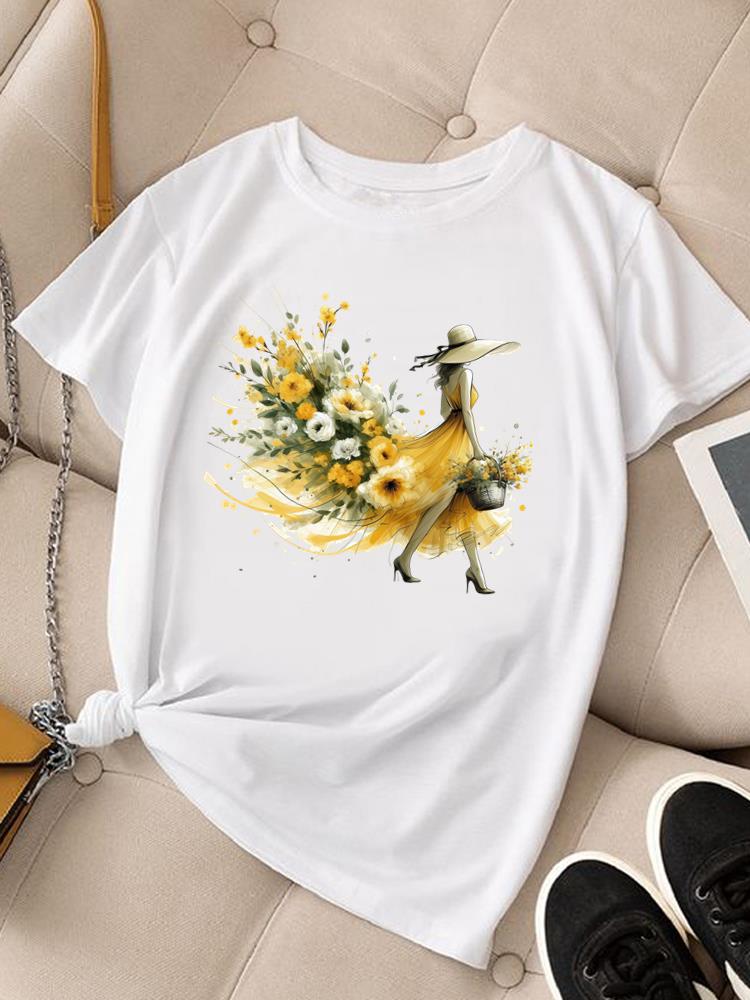 (Asian Size) Clothing Women Fashion Tee Top Lovely Flower Trend  Female T Shirt Woman Print Short Sleeve Graphic T-shirts