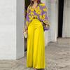2Pcs/Set Simple Lapel Leaves Print Shirt Long Pants Set Long Sleeve High Waist