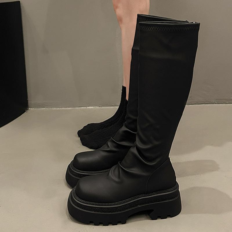 2025 new long boots women's thick-soled high-tube thin autumn and winter mid-tube boots stacking boots small thin boots black