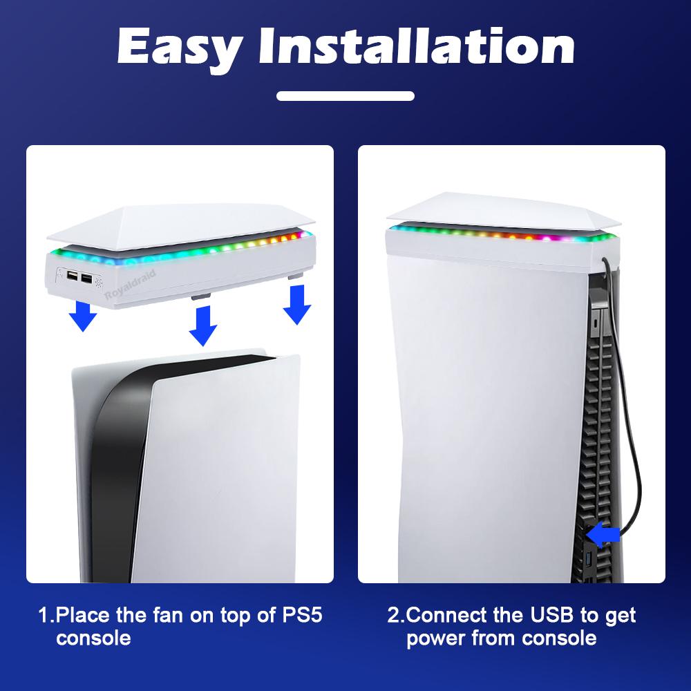 White Upper Cooling Fan Base Game Cooler Stand Bracket with RGB Atmosphere Colorful Lighting LED for PS5 Console with Dust Cover