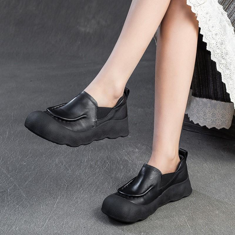 Johnature Genuine Leather Loafers Retro Round Toe Thick Soled Versatile Slip-on Women's Flat Shoes