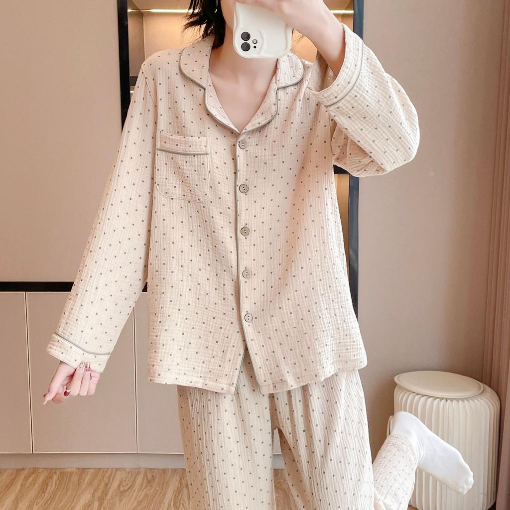 Pajamas Fresh Baby Cotton Crepe Spring Autumn Summer Thin Lapel Women's Long Sleeve Long Pants Double Gauze Loungewear Long Set