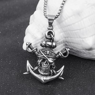 Collar Colgante Calavera con Doble Espada Para Hombres Hip Hop Estilo Genial Color Cobre Retro Acero Inoxidable Joyería de Cuello Esqueleto Regalos