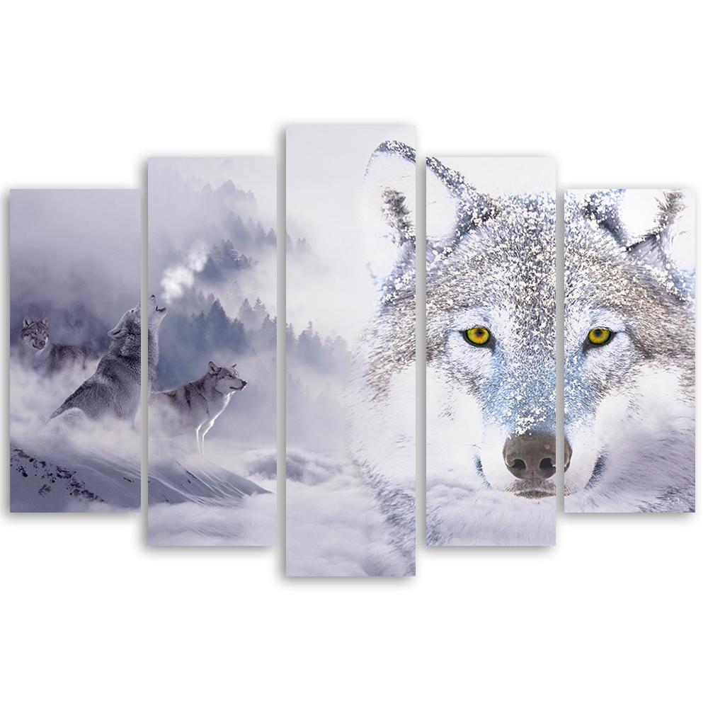 Five Piece Picture Canvas Print Wolf Forest Fog Nature Grey