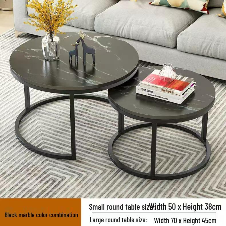 Modern Minimalist Round Coffee Table Set with Stone Pattern and Iron Art Storage