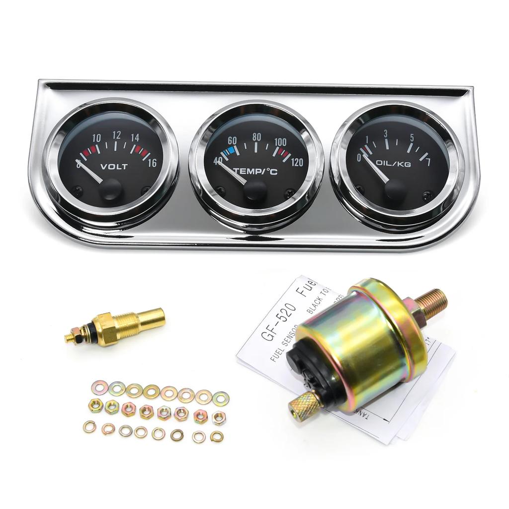 2'' 52mm 3 in 1 LED Back-lit Gauges Voltmeter Water  Oil Pressure Oil temperature Electrical Gauge 3 in 1 Kit Meter