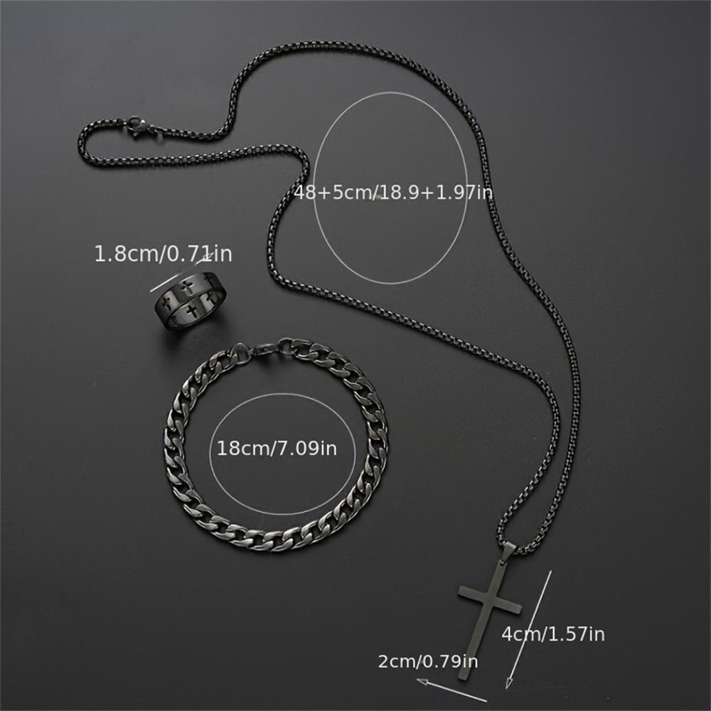 Ensemble 3 pièces Homme Acier Inoxydable Métal Pendentif Croix Chaîne Collier Bracelet Bague Ensemble de Bijoux Mâle Hip Hop Accessoires de Port Quotidien