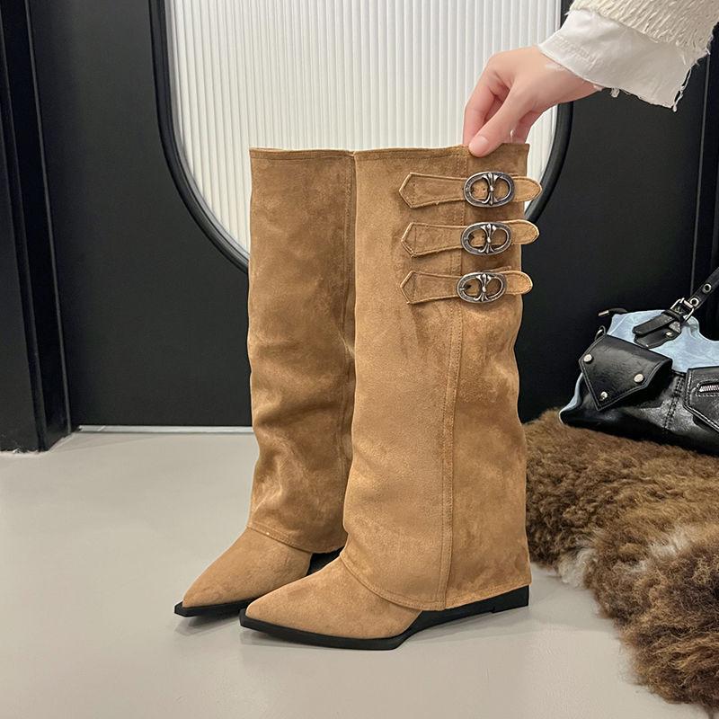 

Маленькие ботфорты на скрытой платформе Женские ботинки-трубы с острым носком и каблуком-столбиком Ботинки-рыцари с широким голенищем до колена 40 хаки