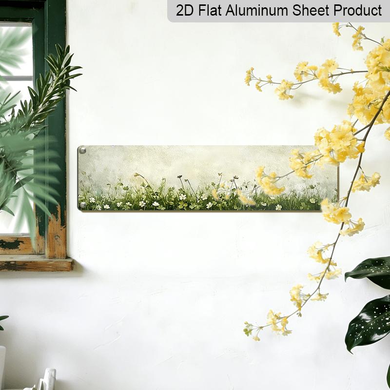 2D Flat, 1pc, Rustic, White Flowers and Green Clover Field on Textured Background, Aluminium Decorative Sign, Meadow Nature Landscape, Wall Art