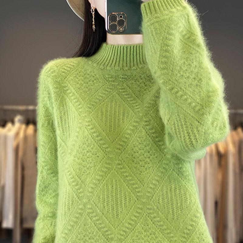 Women's Autumn & Winter Pure Wool Diamond Knit Sweater - Semi-High Neck, Versatile, Elegant Pullover