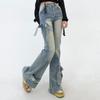Jeans a zampa blu con fiocco da donna Harajuku Estetica anni '90 Streetwear Pantaloni di jeans larghi Pantaloni jeans Y2k Vestiti trashy vintage anni 2000