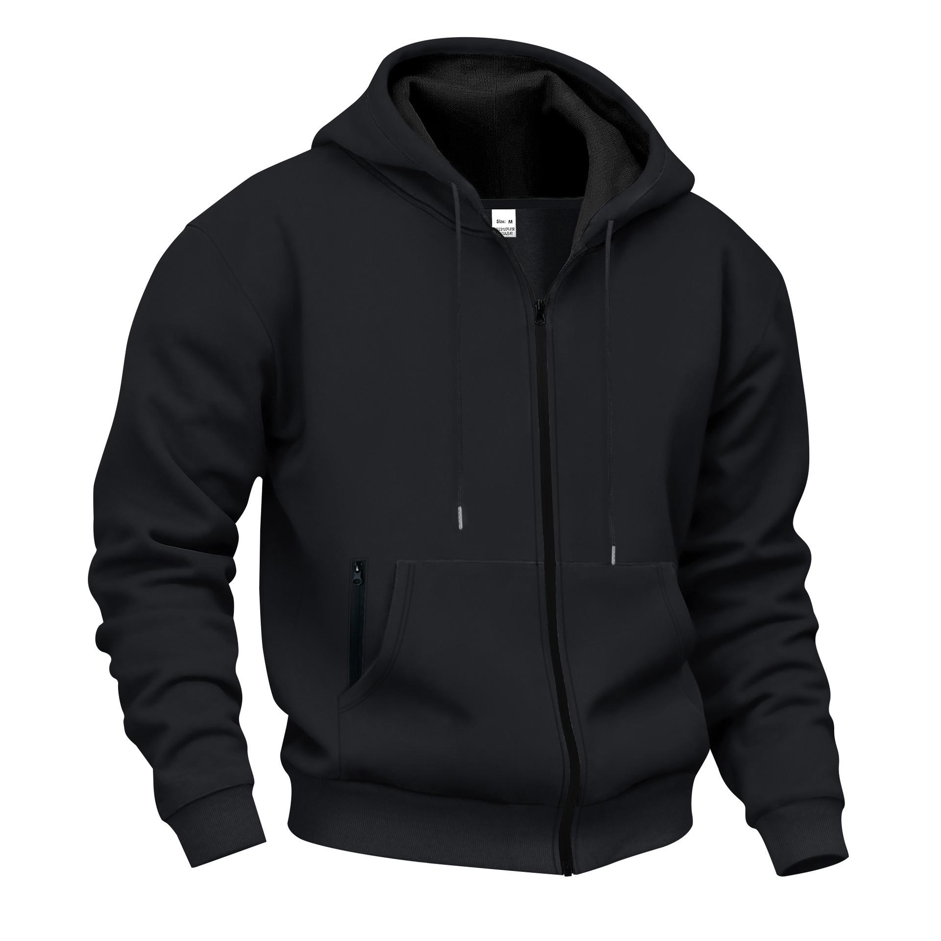 

American Style Men s Warm Hooded Zipper Sweatshirt - Autumn/Winter Plus Velvet Casual Functional Ins Design M чорний