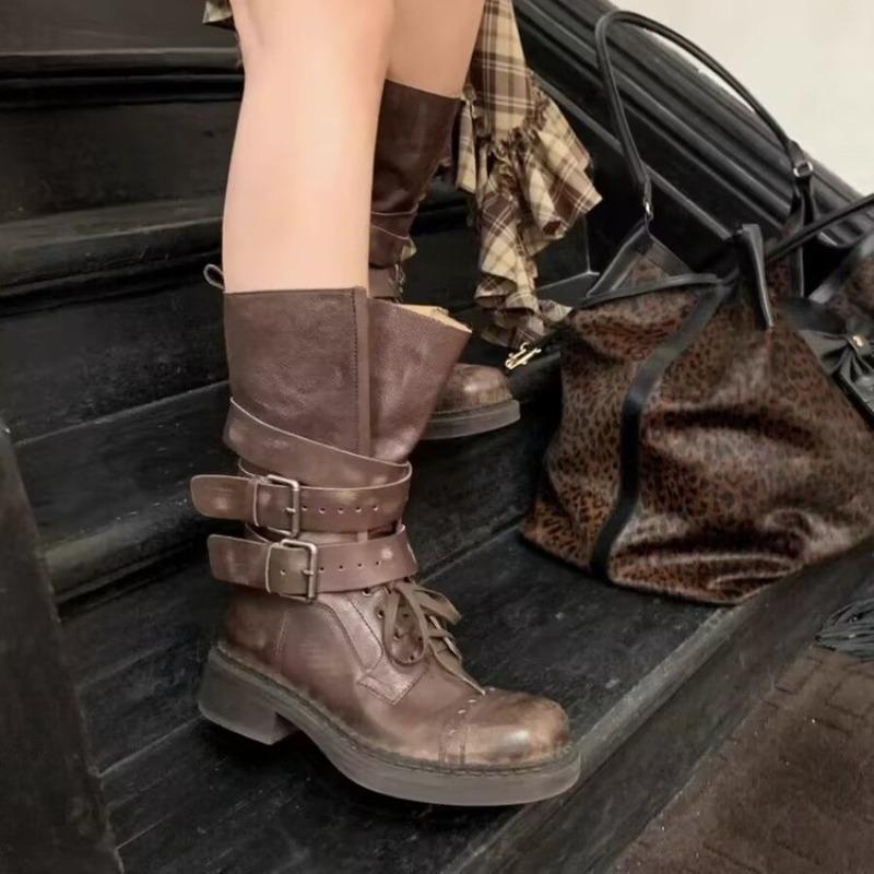 

Новый стиль Роскошные Плиссированные Ботинки Рыцаря с Пряжкой для Женщин Осенние Коричневые Кожаные Ботинки до Середины Икры Женские Слипоны на Толстом Каблуке Ботинки для Верховой Езды 40 коричневый