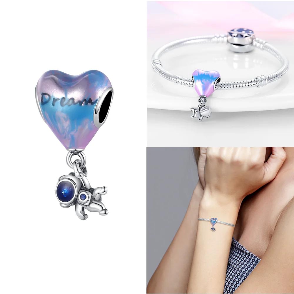 Copper Star Blue Glowing Heart Rocket Astronaut Beads Pendant Charm For Original Bracelet Woman Girl Jewelry