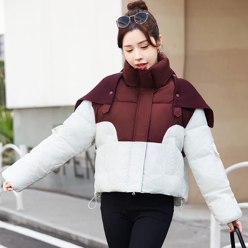 

Осенне-зимнее женское пальто большого размера с контрастным цветным воротником-стойкой, однотонная свободная короткая женская куртка XXL вино красного