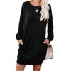 Women's Fashionable Long-sleeved Solid-color Round-neck Pocket Dress