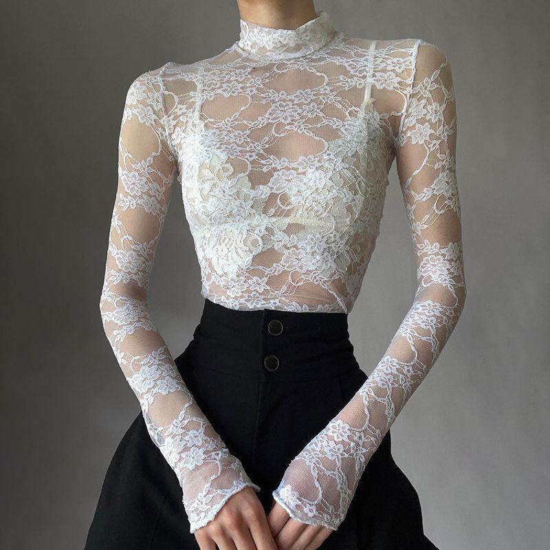 Light Luxury Lace Mesh Long Sleeved Slim Fit T-shirt Top For Women