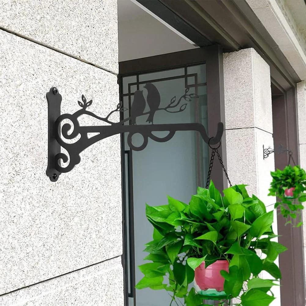 Bird Pattern Flower Basket Holder Wall Mounted Metal Bracket Hanger Rustic Style Wide Base for Outdoor Indoor Garden Yard Street