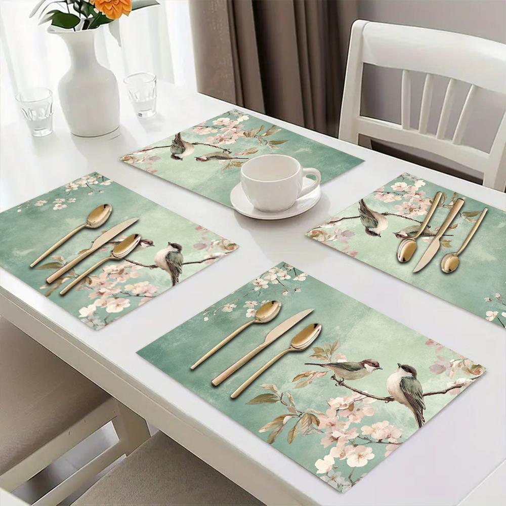 4pcs Vintage Floral Bird Placemats - Elegant Teal & Pink Table Mats, 12x18 Inch Rectangular Dining Decor for Christmas, Thanksgiving, Halloween