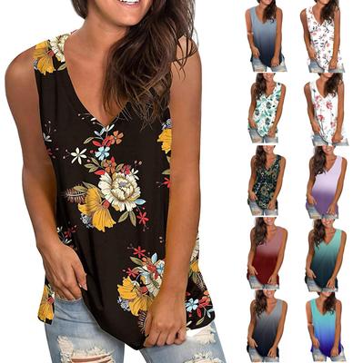 Women's Casual V-Neck Off Shoulder Sleeveless Loose Floral Printed T-Shirt Top