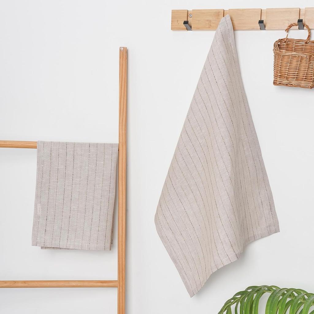 100% Pure Linen Kitchen Towels Set of 2 - French Stripe Design 18 x 24 Inch Dish Hand Towels - Handcrafted from Flax Linen Tea Towels- Linen