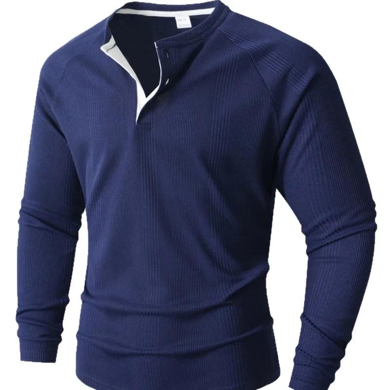Koszulka bazowa T-shirt Paski pionowe Męska koszulka POLO Nowa okrągły dekolt Długi rękaw Henley