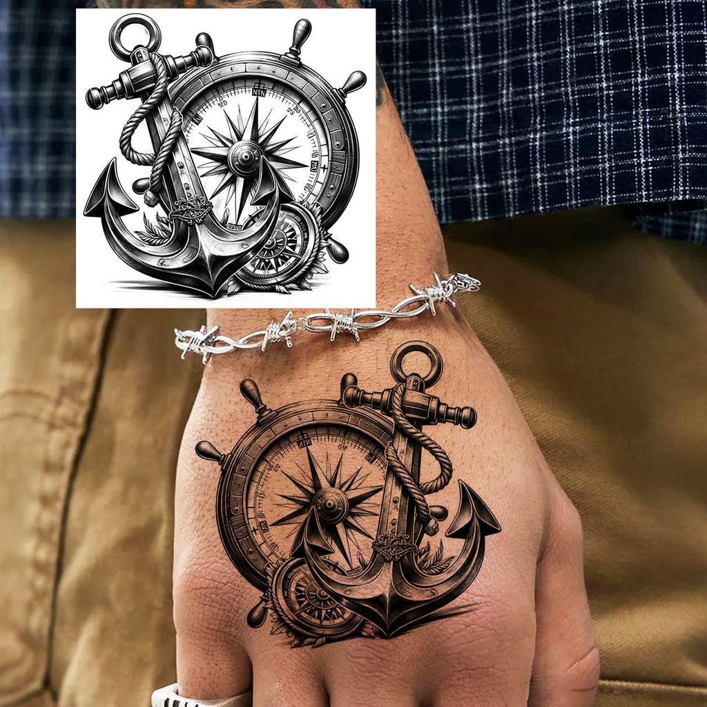 1 Sheet Graffiti Anchor Compass Temporary Tattoos For Adults Hands Necks Ankle, Fake Tattoo Stickers Waterproof Realistic Tatoos