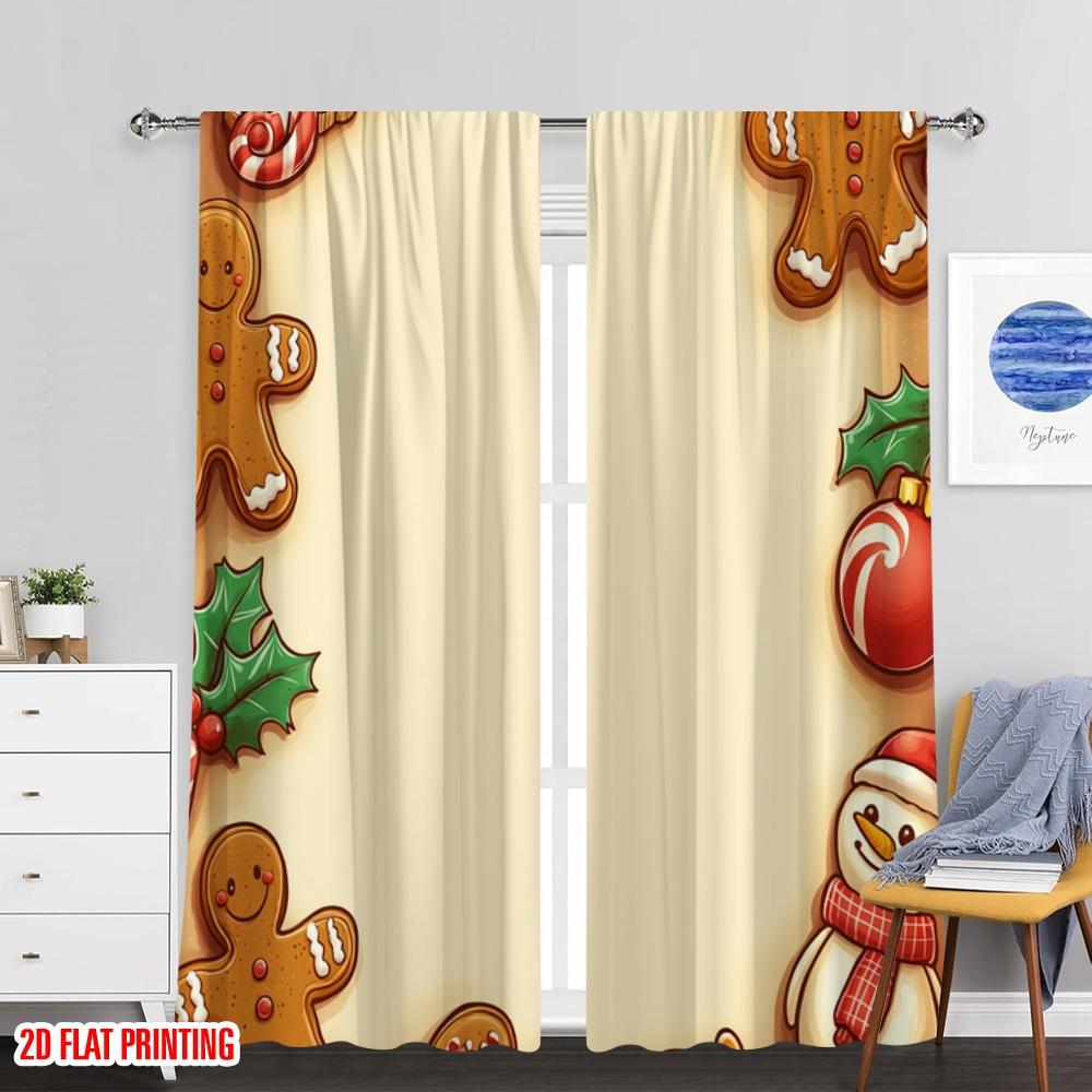2pcs,2D Plane Printing Curtains Christmas Cookies Border Festive Treats (4) Versatile Fabric (without Rod) Art Deco Festive
