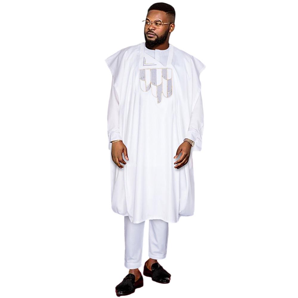 African Men's Traditional Three-Piece Set: Embroidered Robe, Pants, and Matte Cloth
