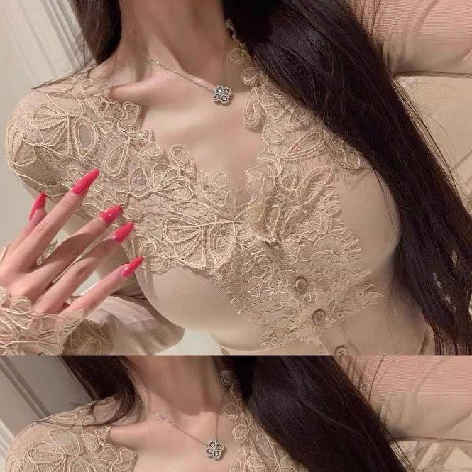 Autumn/Winter Elegant Patchwork Lace Long-Sleeve Slimming Top