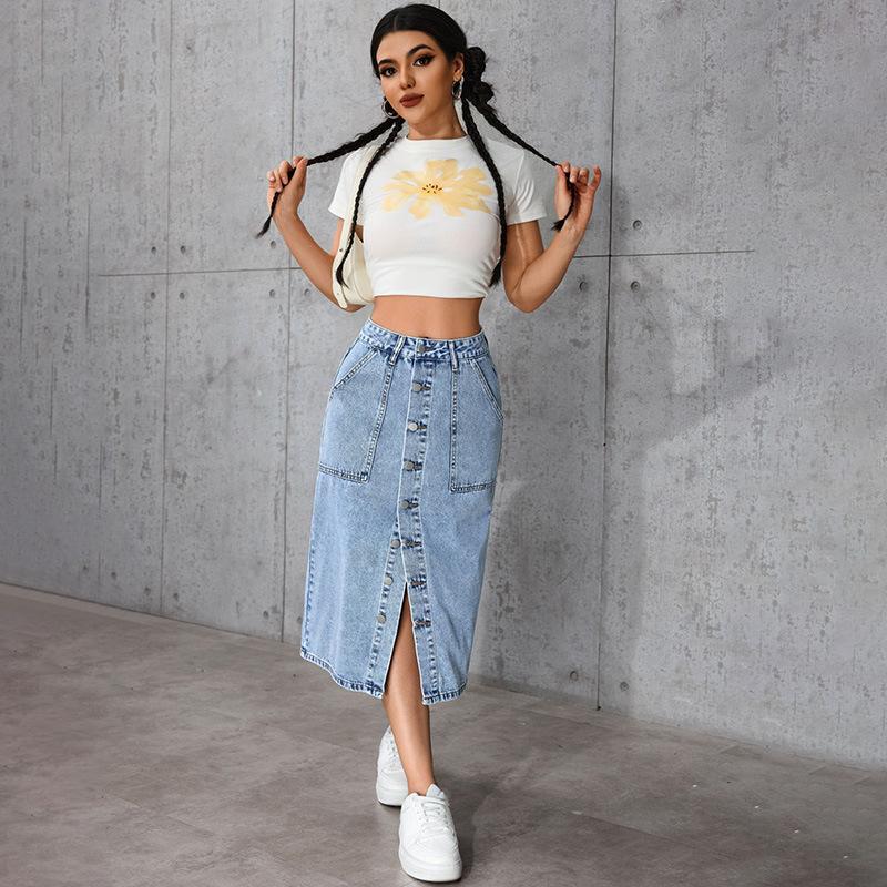 Women's High Rise Pencil Denim Skirt Slim Midi Skirt Streetwear Spring Sexy Hot Girl Button Front Split Hem Solid Color Bodycon Bottoms