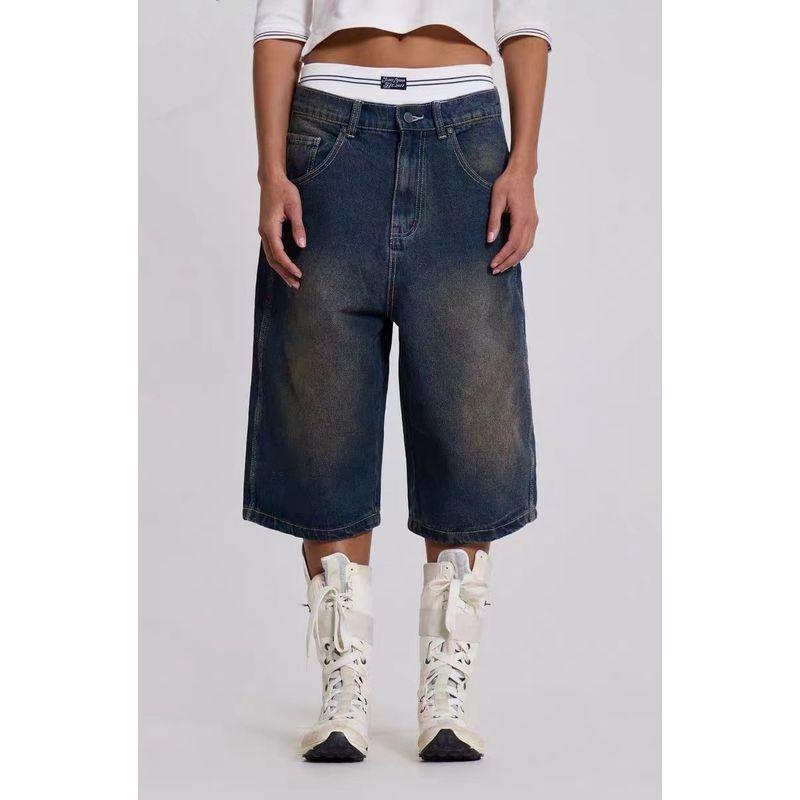 

Jaded London Washed and Worn Retro Loose Slim Looking Straight Denim Shorts Medium Straight Pants Men and Women Same Style Image color L