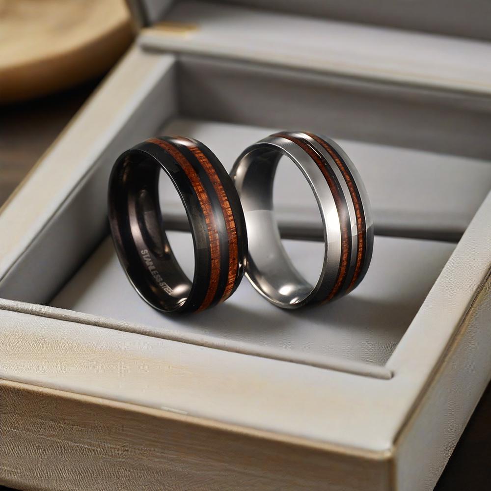 Wood Grain Inlaid Stainless Steel Wedding Ring 8mm Silver/black/men's Wedding Ring High Polished Anniversary Ring Comfortable